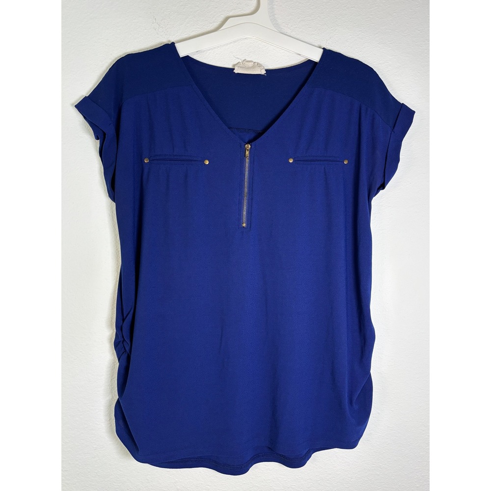 Sweet Wanderer Maternity Blouse Royal Blue Half Zip Short Sleeve XL